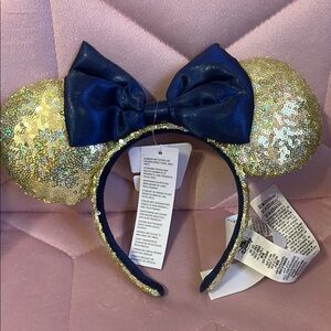 Disney 50th anniversary Gold Sequin Mouse Ears Headband with Blue Bow